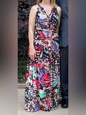 eshakti Black Multi-Color Floral Halter Maxi Dress